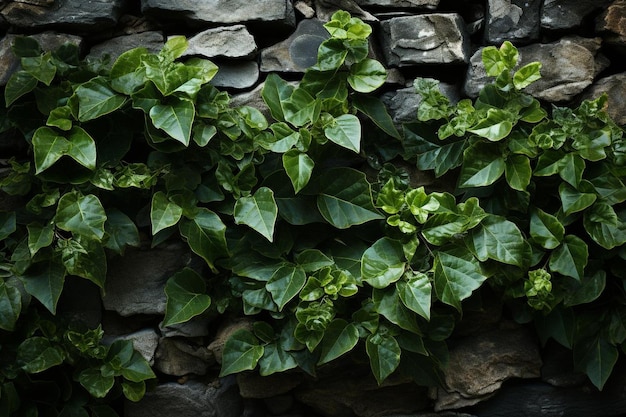 Green leaves covering half of a stone wall diagonally