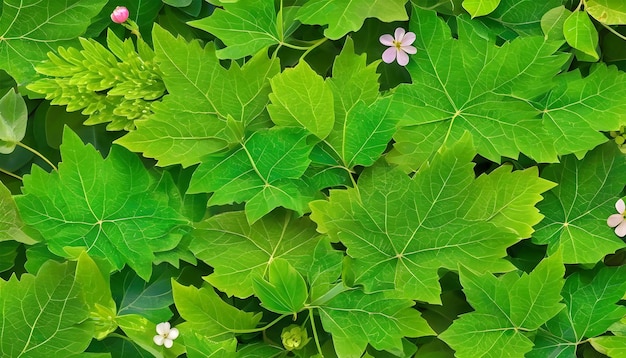 小さな花を持つ様々な大きさの緑色の葉