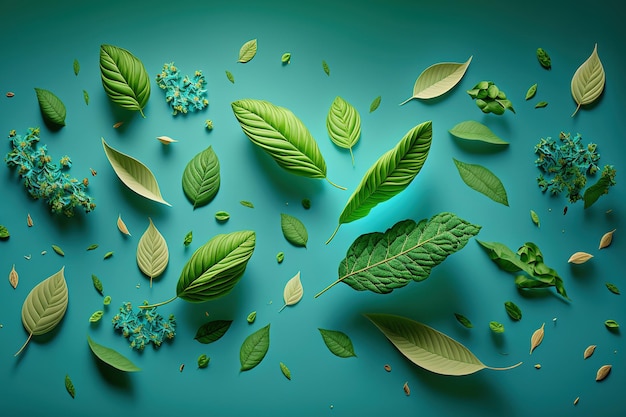 Green leaves falling in the air are fresh natural and cheerful on a blue background zero gravity notion of food high quality picture