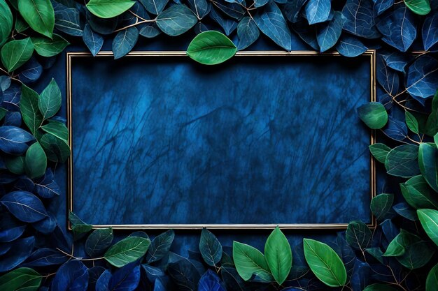 Green leaves frame border with blue sapphire color wall texture background