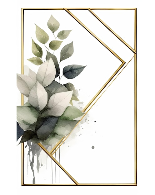 green leaves and golden frame isolated on white paper in the style of romantic illustrations