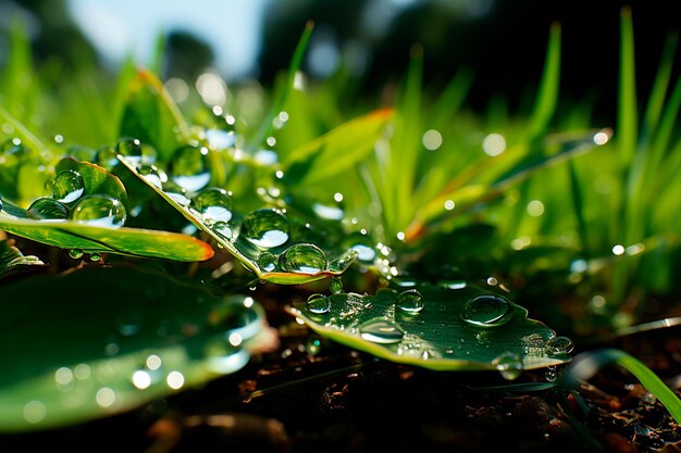 Green leaves on the grass after rain