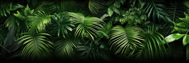 Green leaves Group background of dark green tropical leaves monstera palm coconut leaf fern palm leafbananaleaf Panorama background concept of nature Generative Ai