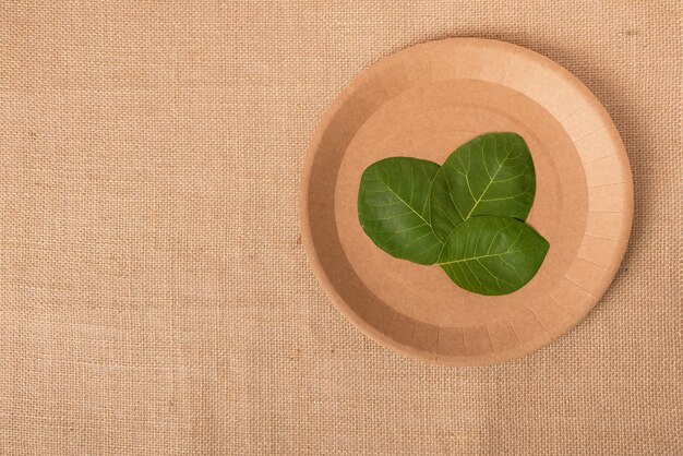 Green leaves lie on a brown plate. The plate is on the sacking. Healthy food concept.