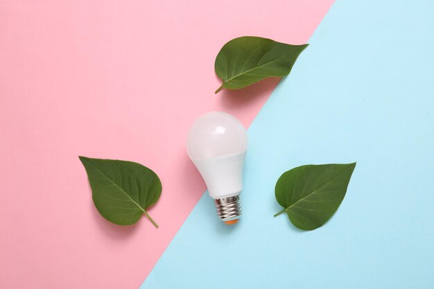 Green leaves and light bulb on bluepink pastel background Minimalism Eco concept Flat lay