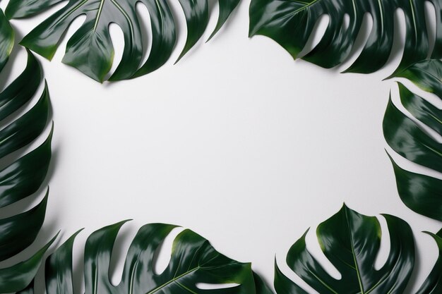 Green leaves monstera nature frame layout of tropical plant bush on white background