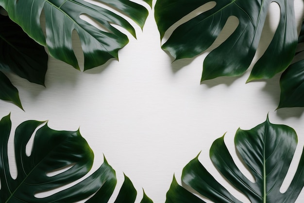 Green leaves monstera nature frame layout of tropical plant bush on white background