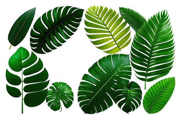 Photo green leaves nature frame layout of tropical plants bush monstera palm fern rubber plant pine