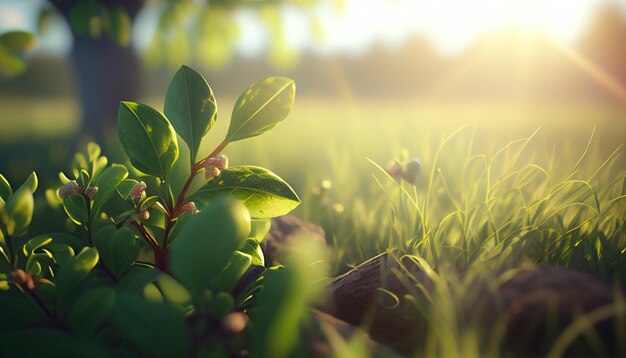 写真 枝の緑の葉と緑の草と朝の日光の春と夏の背景