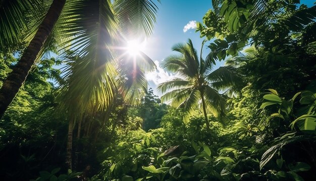 Photo green leaves on palm trees create a tropical summer landscape generated by ai