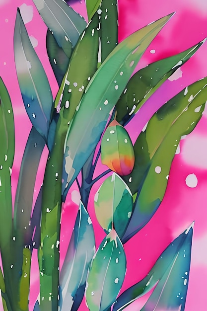 Green leaves on pink background