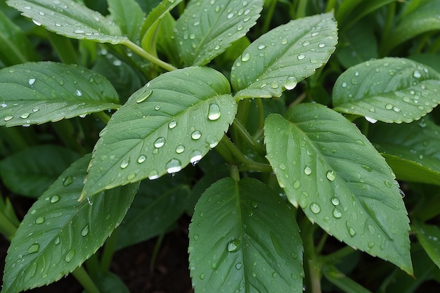 Green leaves of a plant with dew drops