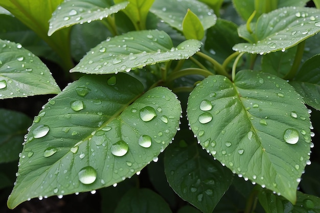 Green leaves of a plant with dew drops