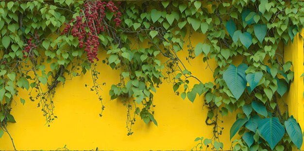 Green leaves of a plant on a yellow wall