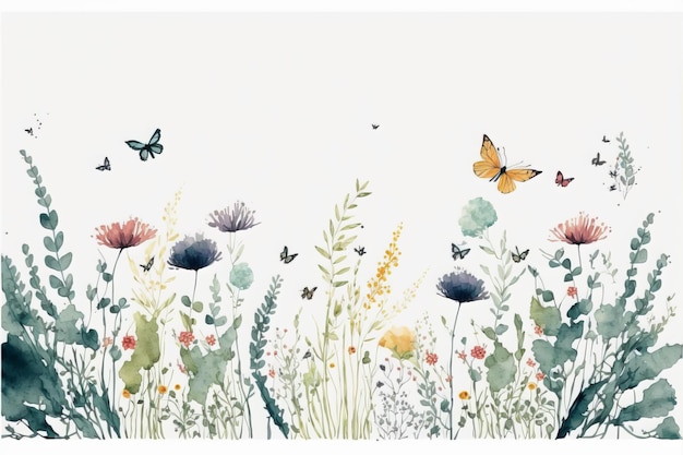 green leaves and plants, flying butterflies. Watercolor isolated pattern on white background
