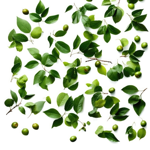 Green leaves of plum tree isolated on white background