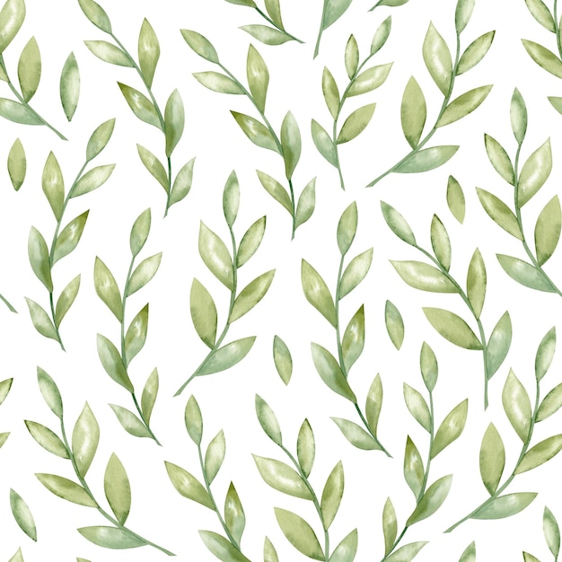 Green Leaves seamless Pattern Hand drawn illustration of botanical ornament on white isolated background Drawing of Print with foliage and branch in doodle style for wrapping paper or textile design