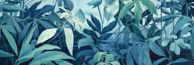 Green leaves and stems on a Blue background in the style of dark navy and light aquamarine tropical