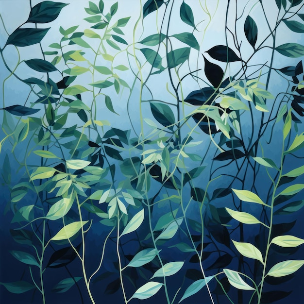 Photo green leaves and stems on a blue background in the style of dark navy and light aquamarine tropical