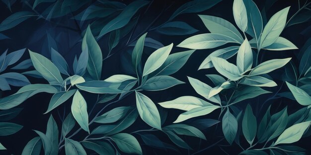 Green leaves and stems on an Indigo background in the style of dark navy and light aquamarine tropic