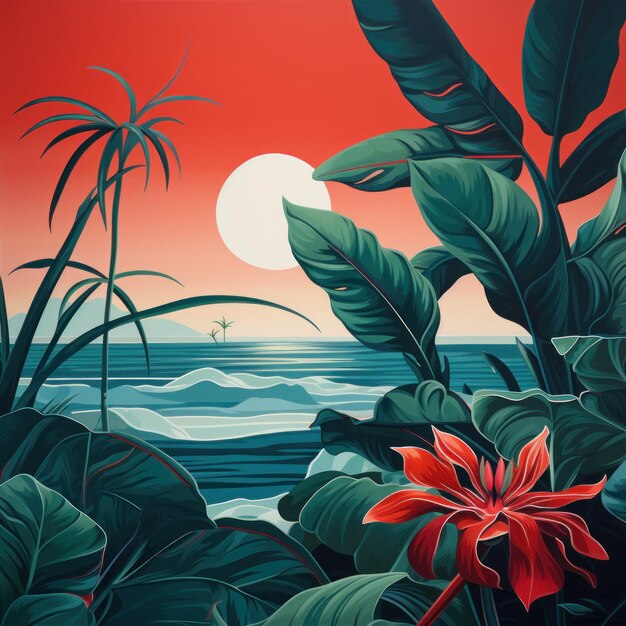 Green leaves and stems on a Red background in the style of dark navy and light aquamarine tropical l