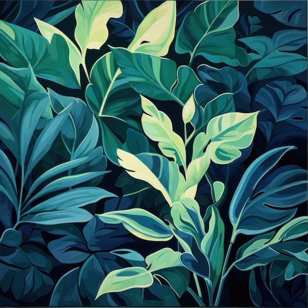 Green leaves and stems on a Ruby background in the style of dark navy and light aquamarine tropical