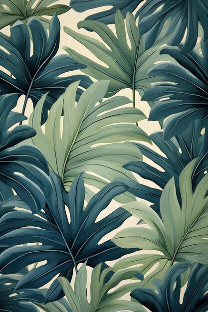 green leaves and stems on a tan background in the style of dark navy and light aquamarine tropical l