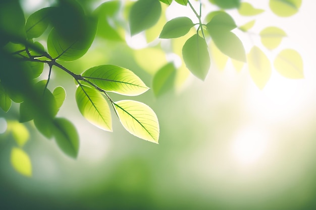 Green leaves on a tree branch with the sun shining through the leaves