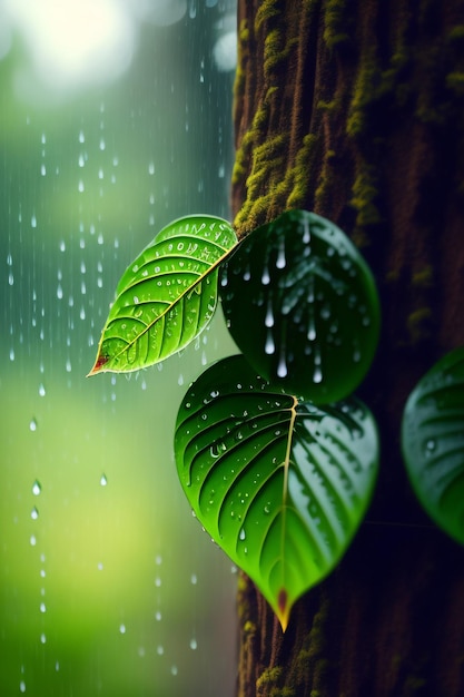 Green leaves on a tree with raindrops