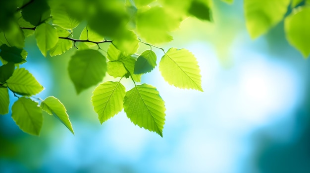 Зеленые листья на дереве с сияющим на них солнцем