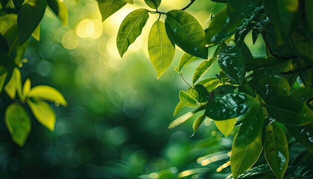 太陽が輝く木の緑の葉