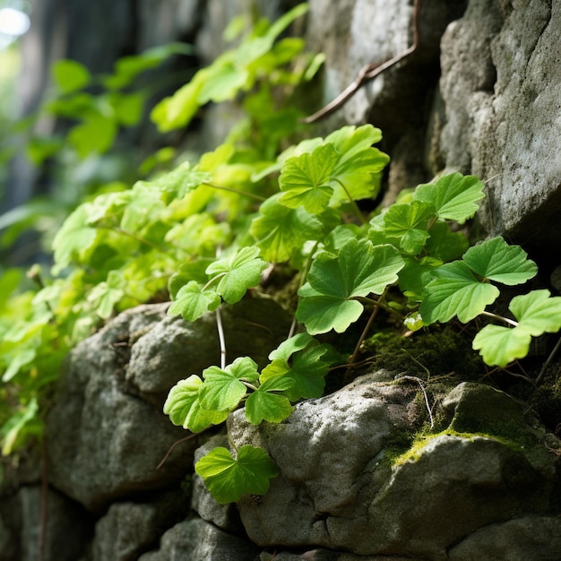 木の緑の葉 石の壁 自然の秋の装飾