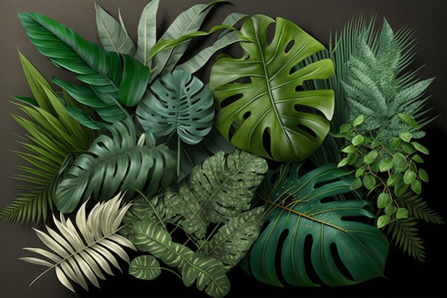 Green leaves of tropical plants bush Monstera palm rubber plant pine bird's nest fern