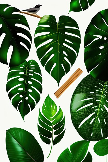 Green leaves of tropical plants bush monstera palm rubber plant pine nest fern floral