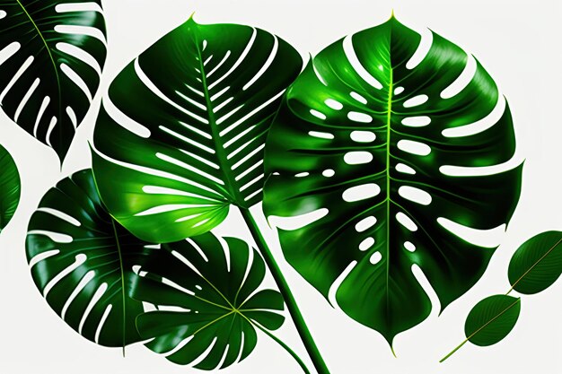 Green leaves of tropical plants bush monstera palm rubber plant pine nest fern floral