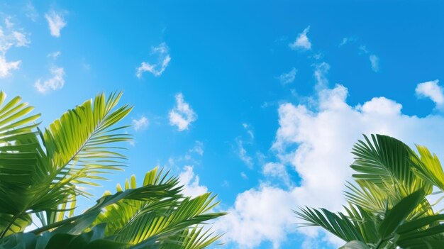 Green leaves of tropical trees on the background of bright blue sky