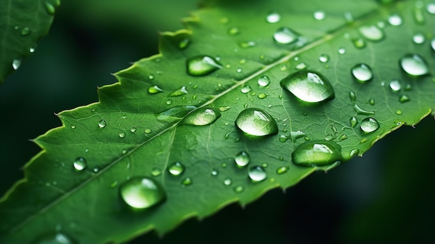 Green leaves up close with a drop of water generative ai