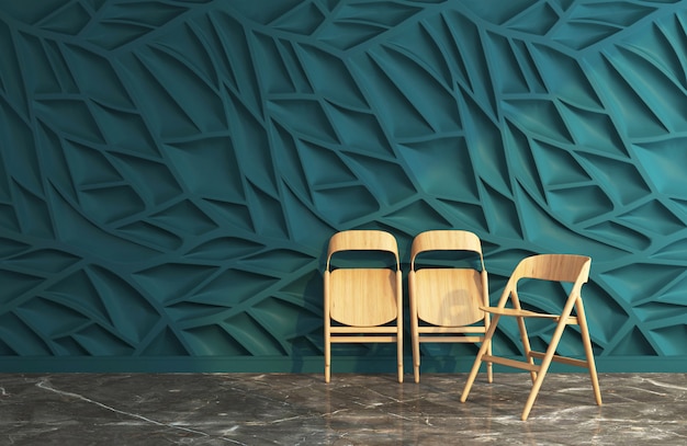 의자가있는 녹색 잎 벽과 대리석 바닥