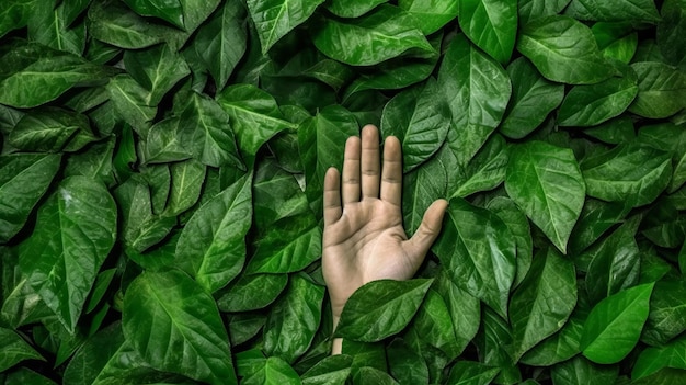 Green leaves wallpaper with hand