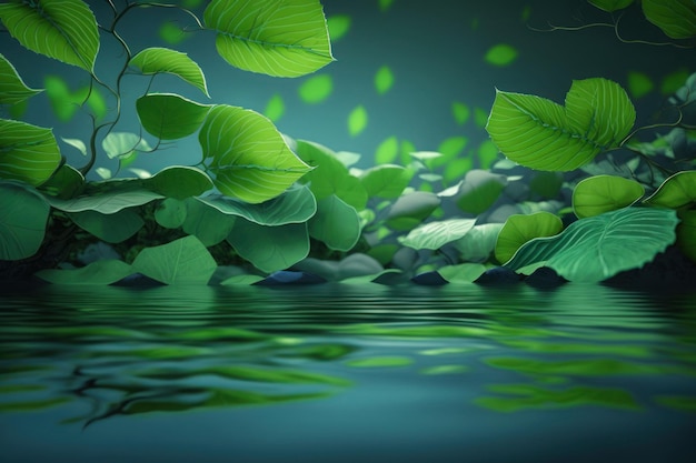 Green leaves over water surface Beautiful natural background Ai generated
