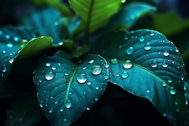 Green leaves with the blue light of the sun shining on them.