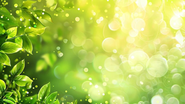 Photo green leaves with blurred background and glowing particles