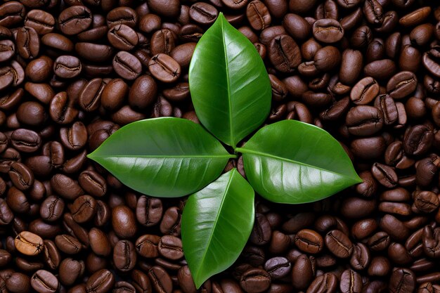 Green leaves with coffee beans as background