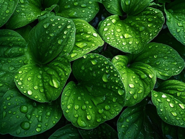 Green Leaves with Dew Background Wallpaper Photo AI Generated