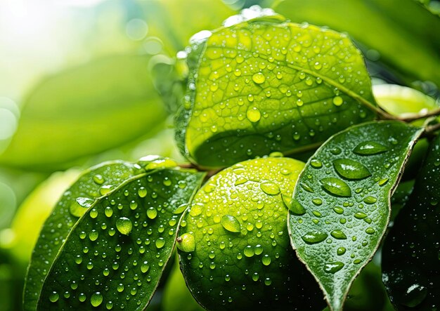 Green leaves with drops of water close up Nature background