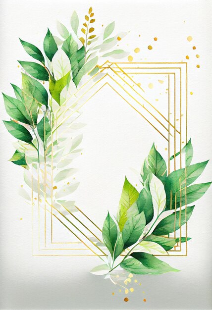 Green leaves with golden frame template and copy space for greeting wedding card and advertising concept art Generative AI