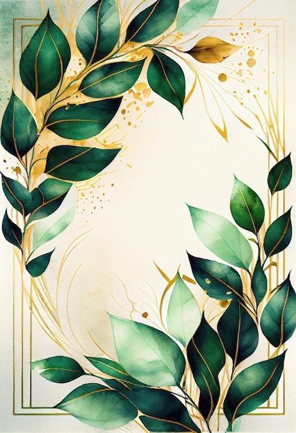Green leaves with golden frame template and copy space for greeting wedding card and advertising concept art Generative AI