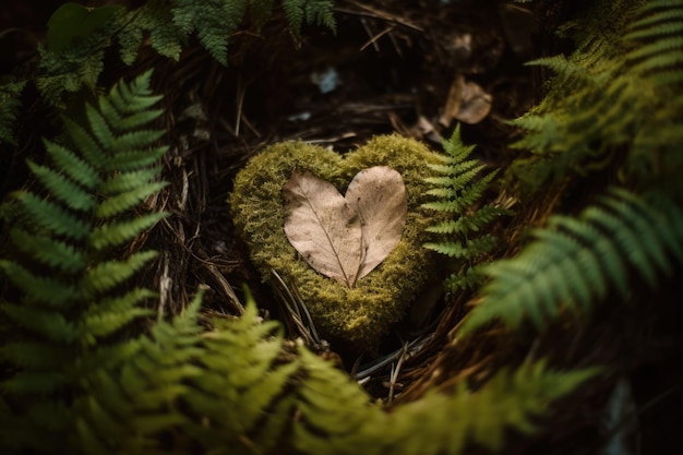 Фото Зеленые листья с листом в форме сердца, созданным с использованием генеративной технологии искусственного интеллекта