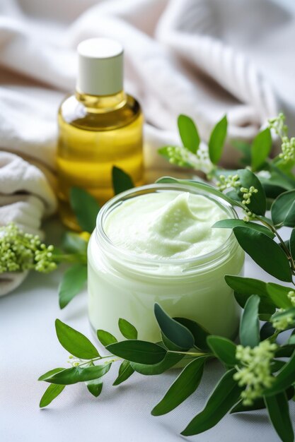 Green leaves with natural skin care products Ecofriendly beauty