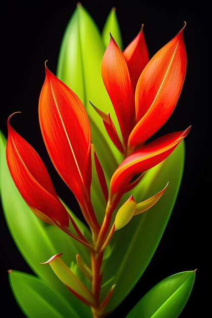 Green leaves with red flower bloom of red ginger alpinia purpurata tropical forest plant on black